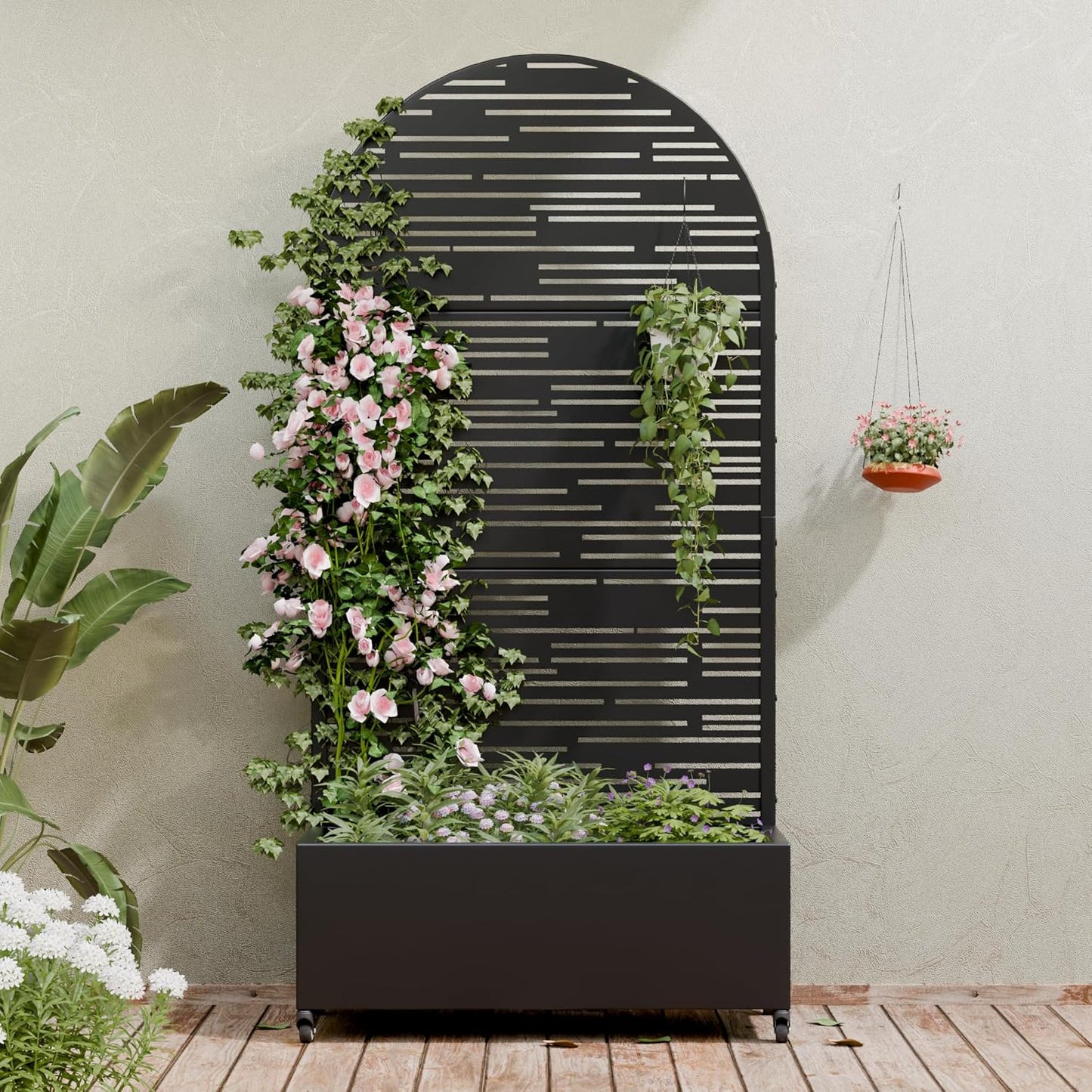 Casaphoria Metal Raised Garden Bed with Trellis and Wheels, 72"x47"x16" Planter Box for Climbing Plants, Vegetables & Vines, Features Drainage Holes and Privacy Screen (Black-Louver) - Colors A