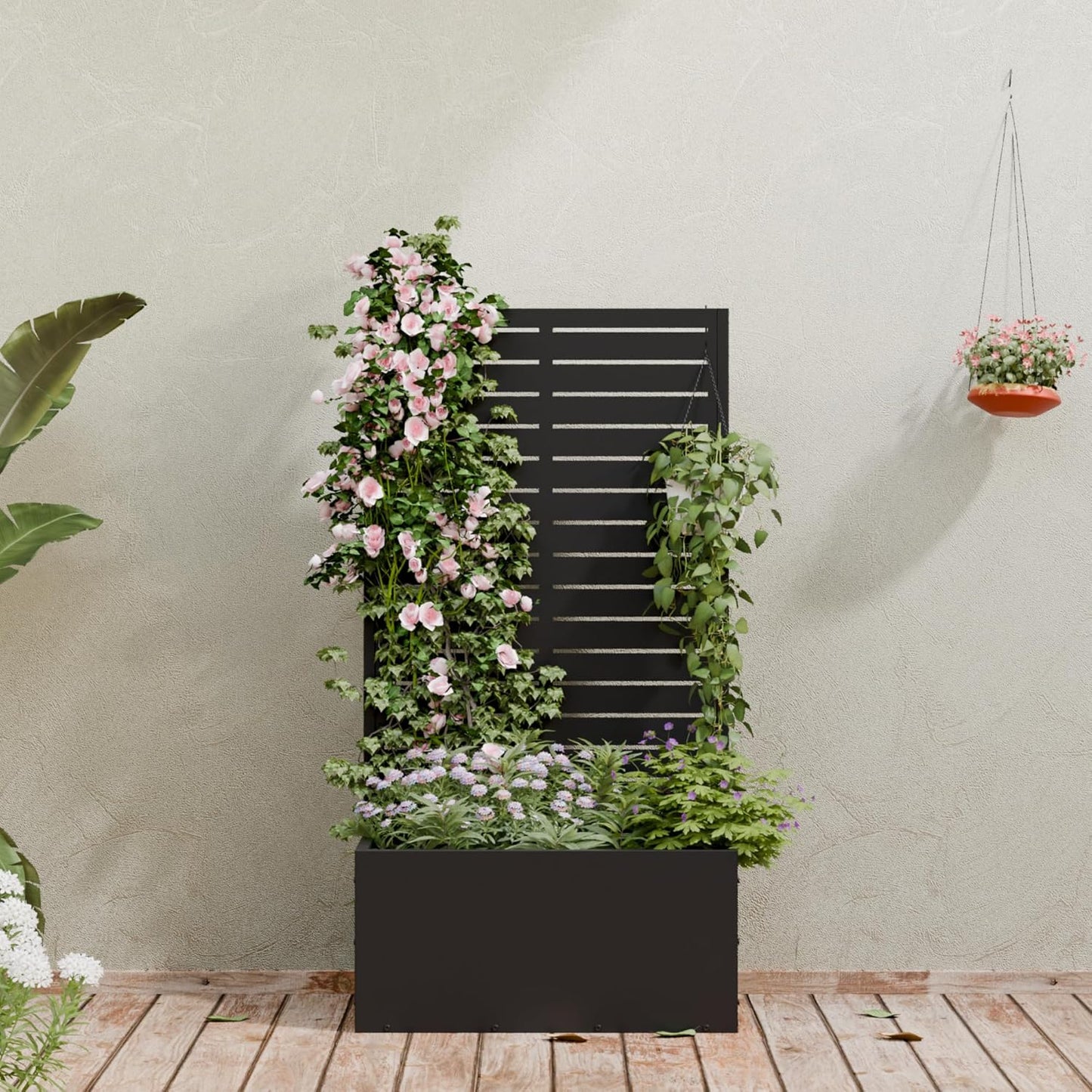 Casaphoria Metal Raised Garden Bed with Trellis and Wheels, 72"x47"x16" Planter Box for Climbing Plants, Vegetables & Vines, Features Drainage Holes and Privacy Screen (Black-Louver) - Colors D