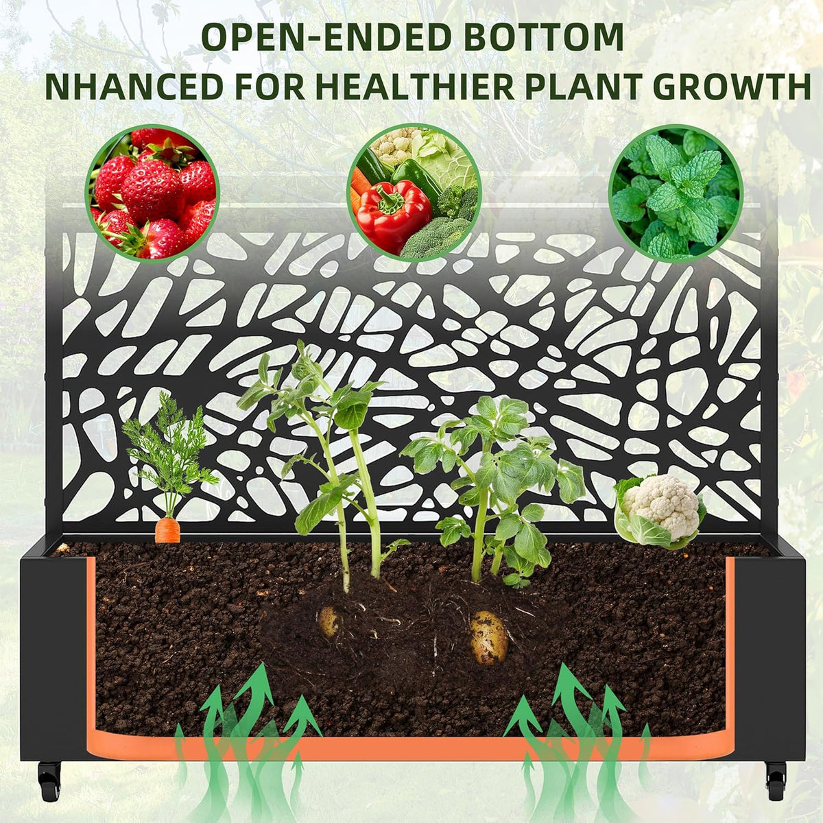 Casaphoria Metal Raised Garden Bed with Trellis and Wheels, 72"x47"x16" Planter Box for Climbing Plants, Vegetables & Vines, Features Drainage Holes and Privacy Screen (Black-Louver) - Colors C