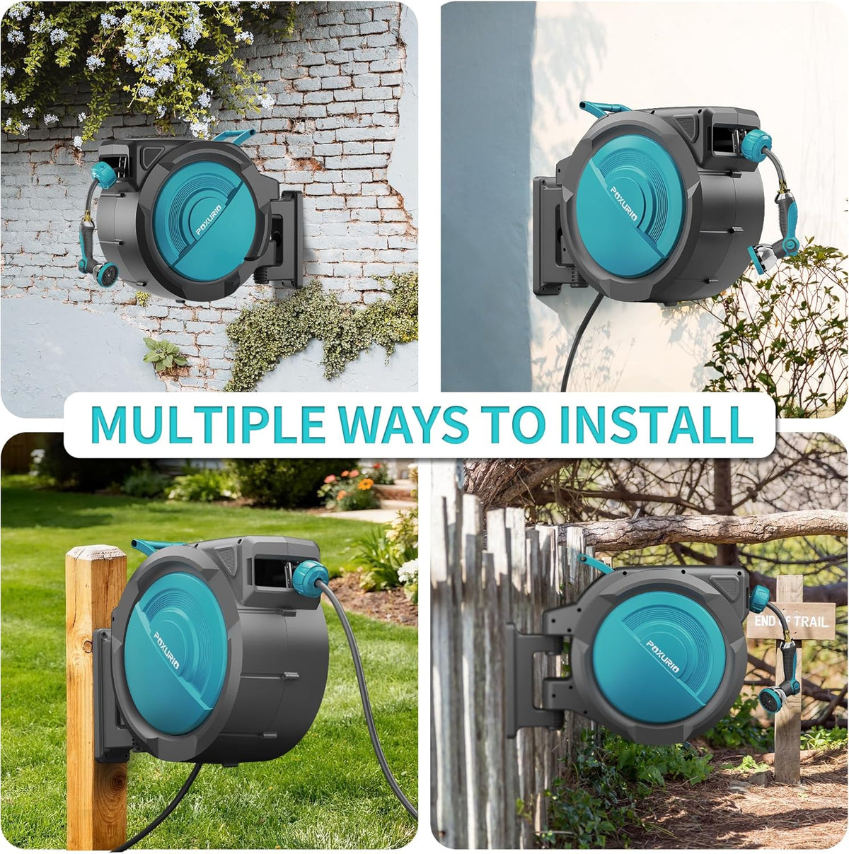 1/2" 150FT Retractable Garden Hose Reel, Wall Mounted Automatic Hose Reel with Upgraded 10 Pattern Nozzle/Any Length Lock/Slow Return System/180°Swivel Bracket, AquaBlue