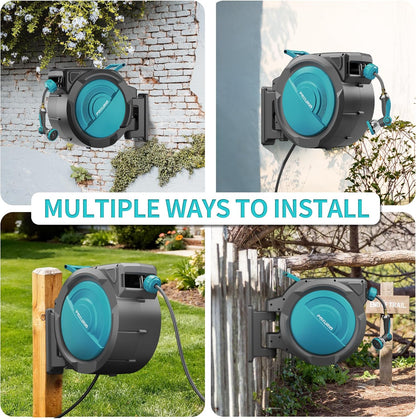 1/2" 150FT Retractable Garden Hose Reel, Wall Mounted Automatic Hose Reel with Upgraded 10 Pattern Nozzle/Any Length Lock/Slow Return System/180°Swivel Bracket, AquaBlue