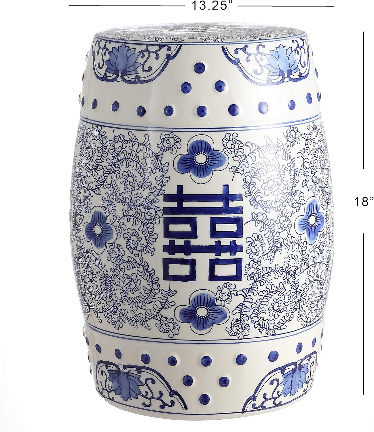 JONATHAN Y Double Happiness 18" Ceramic Garden Stool, Traditional Chinoiserie Dusty Teal and White Indoor/Outdoor Patio Drum Accent Side Table and Plant Stand TBL1013C