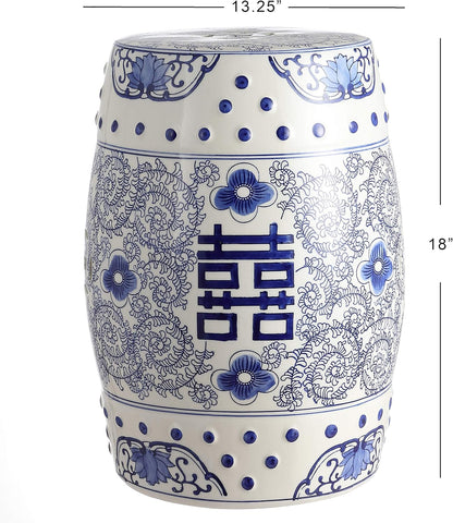 JONATHAN Y Double Happiness 18" Ceramic Garden Stool, Traditional Chinoiserie Dusty Teal and White Indoor/Outdoor Patio Drum Accent Side Table and Plant Stand TBL1013C