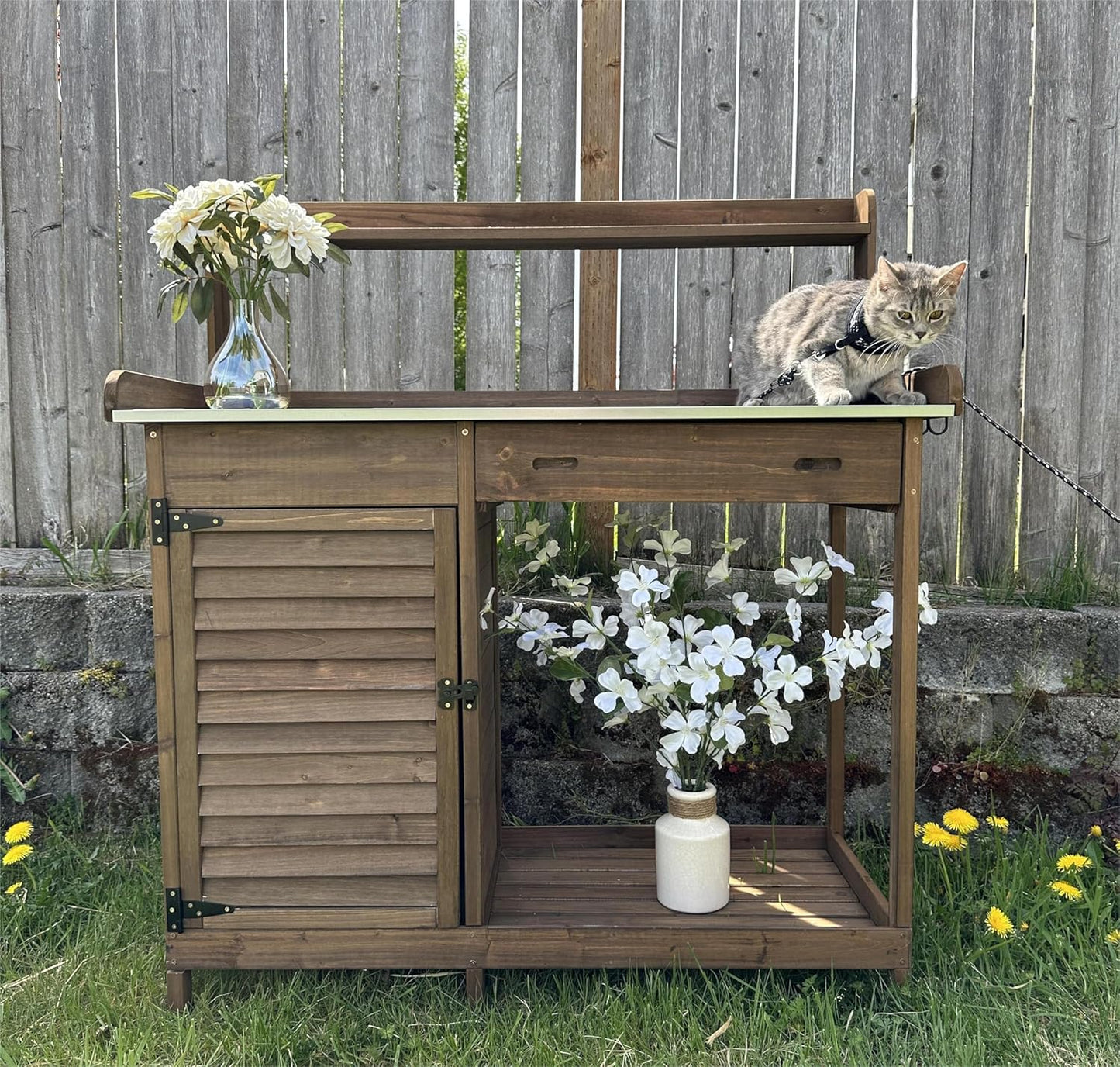 PetsCosset Folding Garden Potting Bench Table，Outdoor Wooden Work Station W/Metal Table Top,2 Tier Open Storage Rack,Top Shelf-Natural Stained