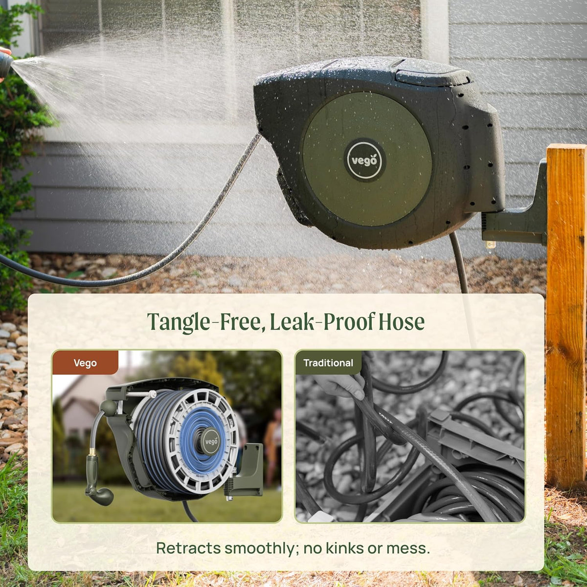 Vego Garden Hose Reel Retractable Hi-Flow Wall Mounted Hose Reel Automatic Rewind, Any Length Lock with 9 Patterns Sprayer Nozzle, Quick Connector and Adjustable shot Nozzle (Seaweed Green, 100ft)
