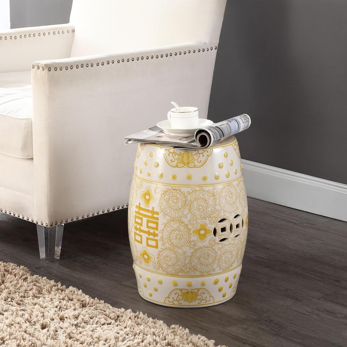 JONATHAN Y Double Happiness 18" Ceramic Garden Stool, Traditional Chinoiserie Dusty Teal and White Indoor/Outdoor Patio Drum Accent Side Table and Plant Stand TBL1013C