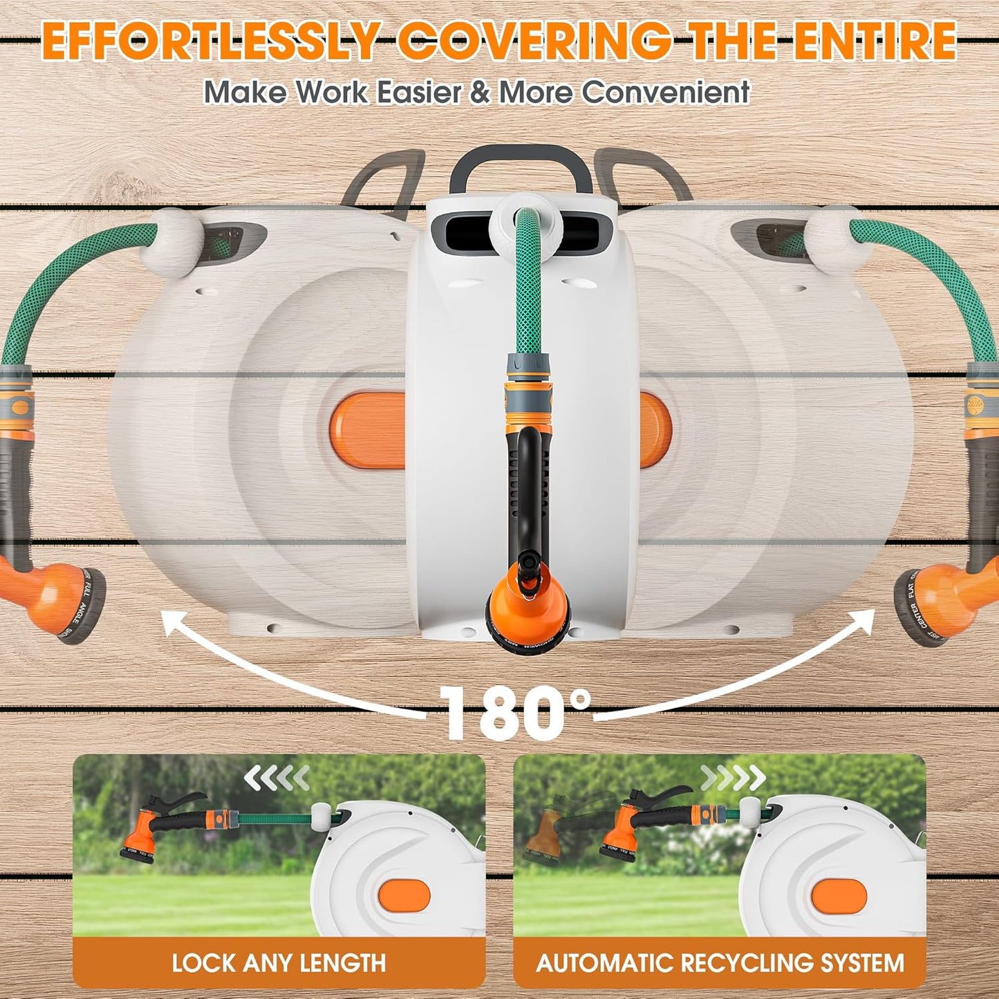 Fenbeli 50 FT Retractable Garden Hose Reel, Wall Mounted Auto Rewind, Any Length Lock, 10 Pattern Nozzle, 180° Swivel Bracket, Burst-Resistant Hose, Brass Fittings for Yard, Garden, Patio, Car Wash