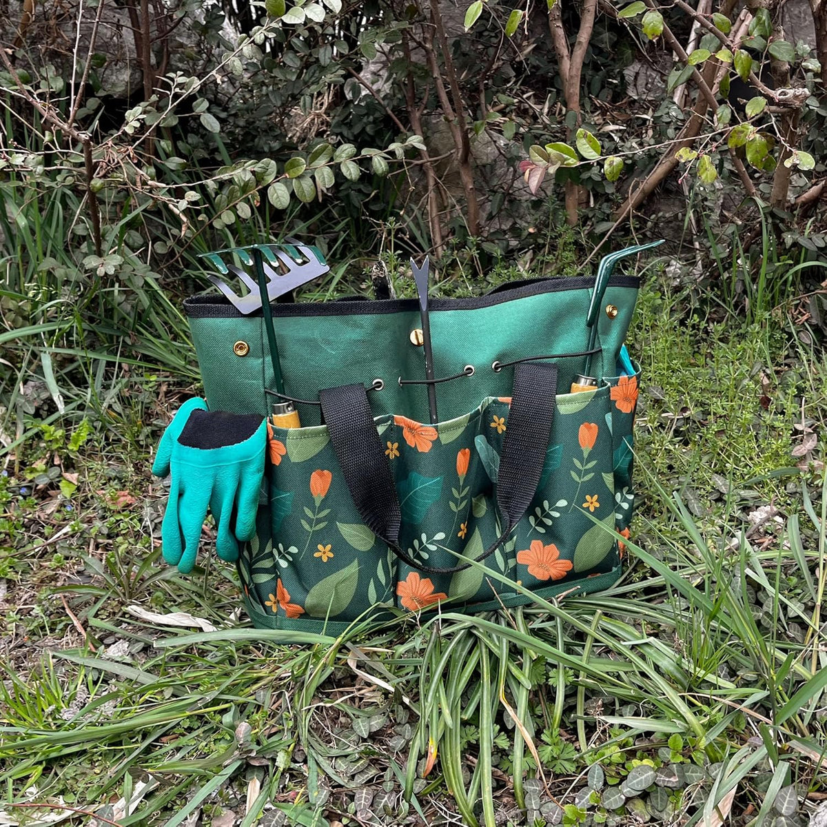 Waterproof Garden Tool Bag, 600D Oxford Portable Gardening Tote with Handle & Multi Pockets, Ideal Gifts for Parents Women (Green, Tools Not Included)