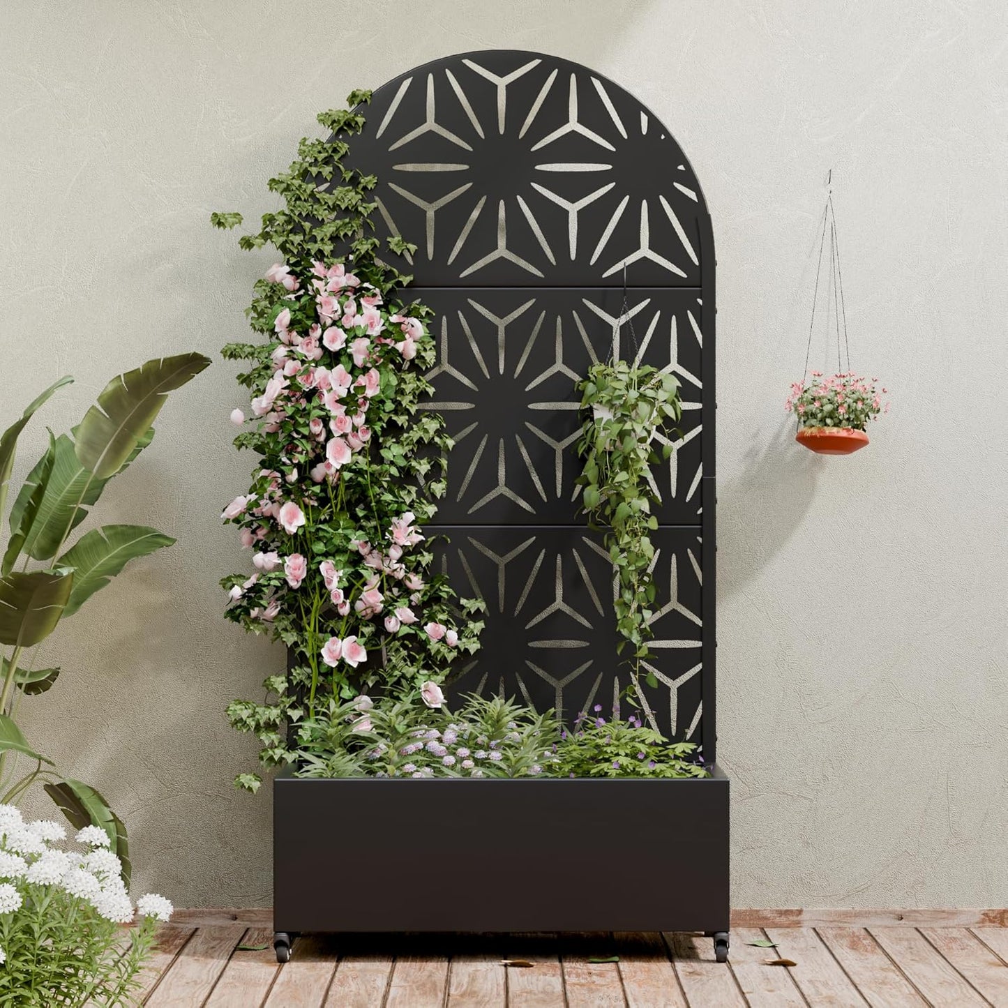 Casaphoria Metal Raised Garden Bed with Trellis and Wheels, 72"x47"x16" Planter Box for Climbing Plants, Vegetables & Vines, Features Drainage Holes and Privacy Screen (Black-Louver) - Colors C
