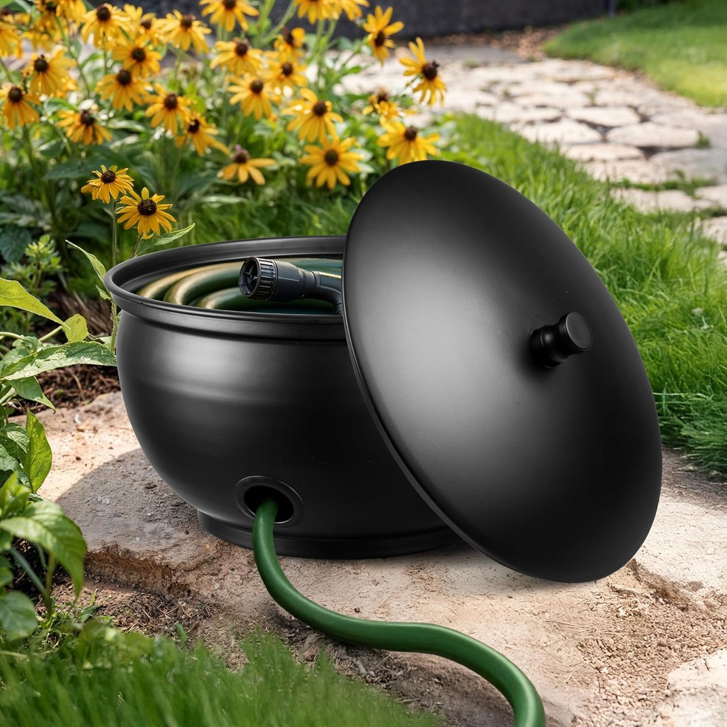 Monarch Abode Garden Hose Holder with Lid – Decorative Water Hose Holders for Outside, Smooth Metal Antique Copper Pot with Drainage, 100ft Waterhose Holder for Outside, Garden Storage Caddy