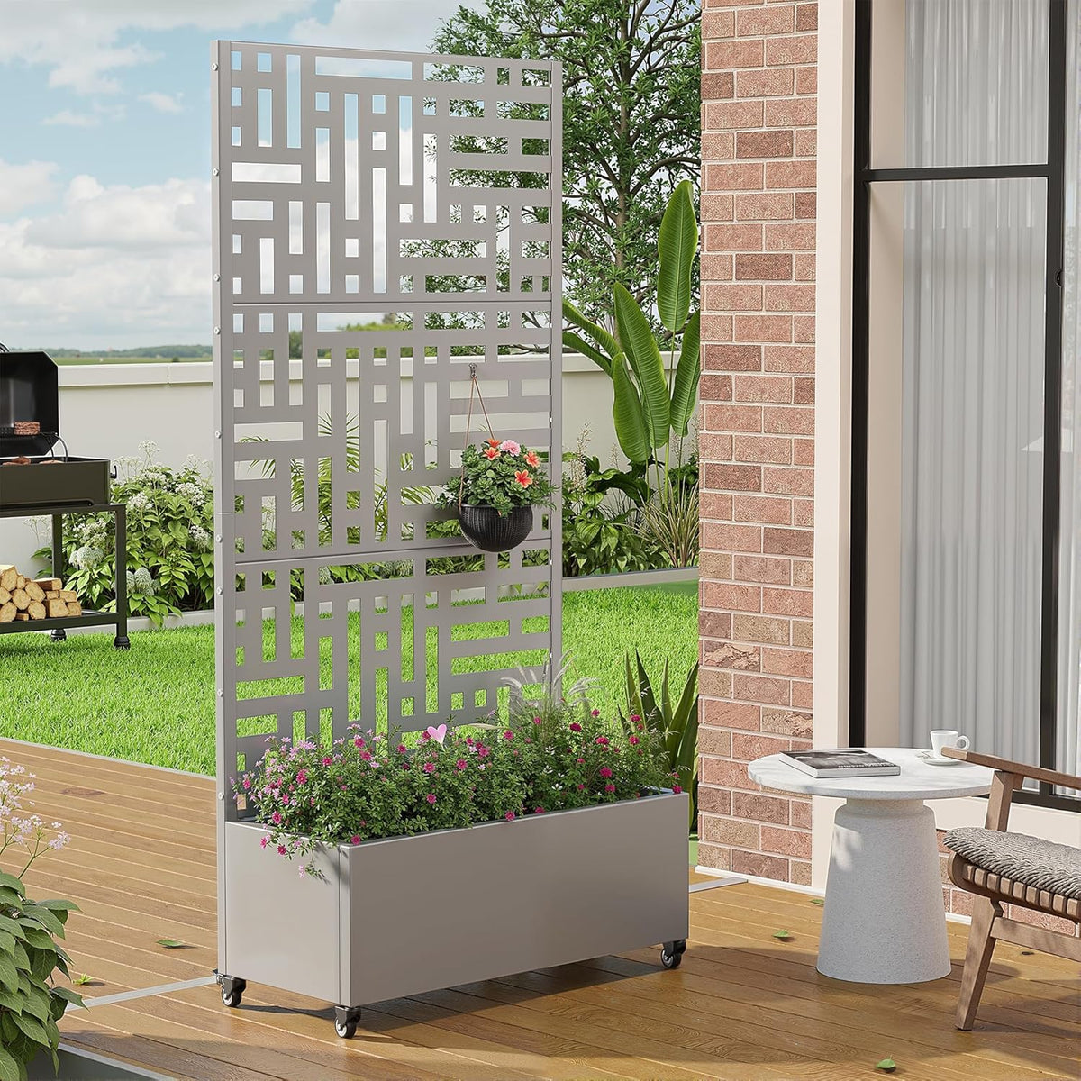 Casaphoria Metal Raised Garden Bed with Trellis and Wheels, 72"x47"x16" Planter Box for Climbing Plants, Vegetables & Vines, Features Drainage Holes and Privacy Screen (Black-Louver) - Colors A