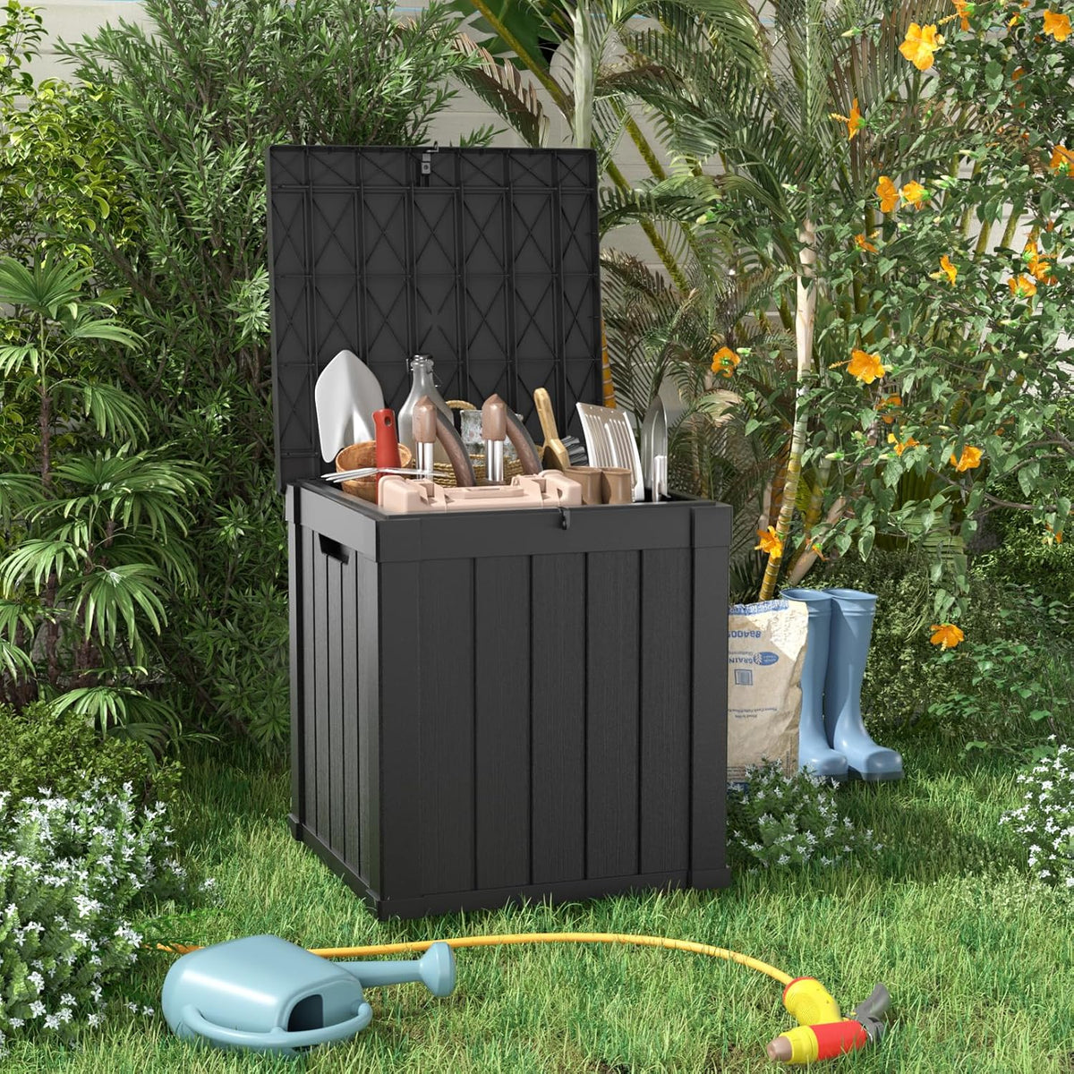 30 Gallon Outdoor Deck Box, Lockable Waterproof Outdoor Storage Boxes For Garden Tools,Indoor Cushions,Accessories Outside Storage Resin Weatherproof Container(Black)