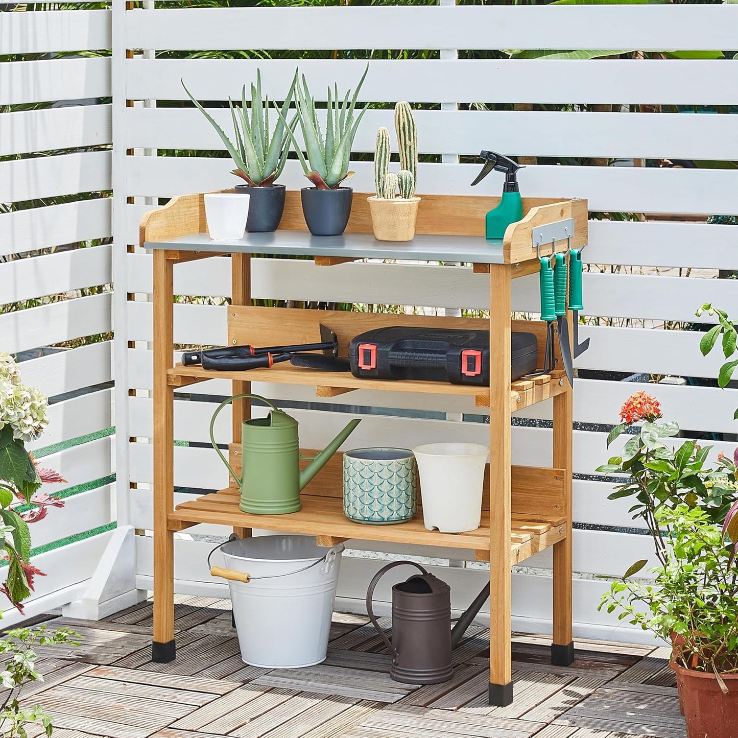 Topeakmart Potting Bench Table w/Metal Tabletop for Garden, Fir Wood Workstation w/3 Tier Shelves, Outdoor Work Bench w/Hook Natural Wood