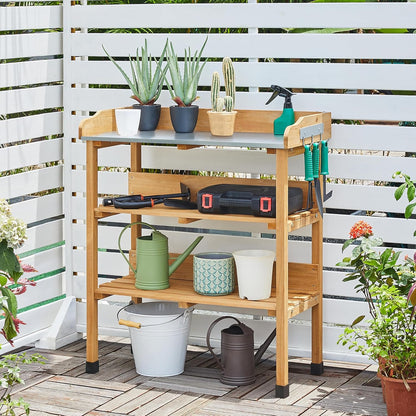 Topeakmart Potting Bench Table w/Metal Tabletop for Garden, Fir Wood Workstation w/3 Tier Shelves, Outdoor Work Bench w/Hook Natural Wood