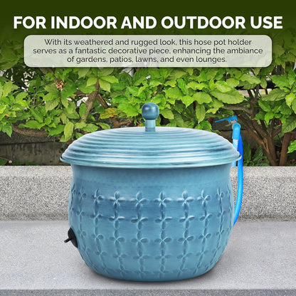 LifeSmart Garden Hose Storage Holder Pot with LId Antique Light Green Lattice Steel | Expandable Water Hose Container 17 x 11.5” Hold up to 125 ft Outdoor or Indoor Use