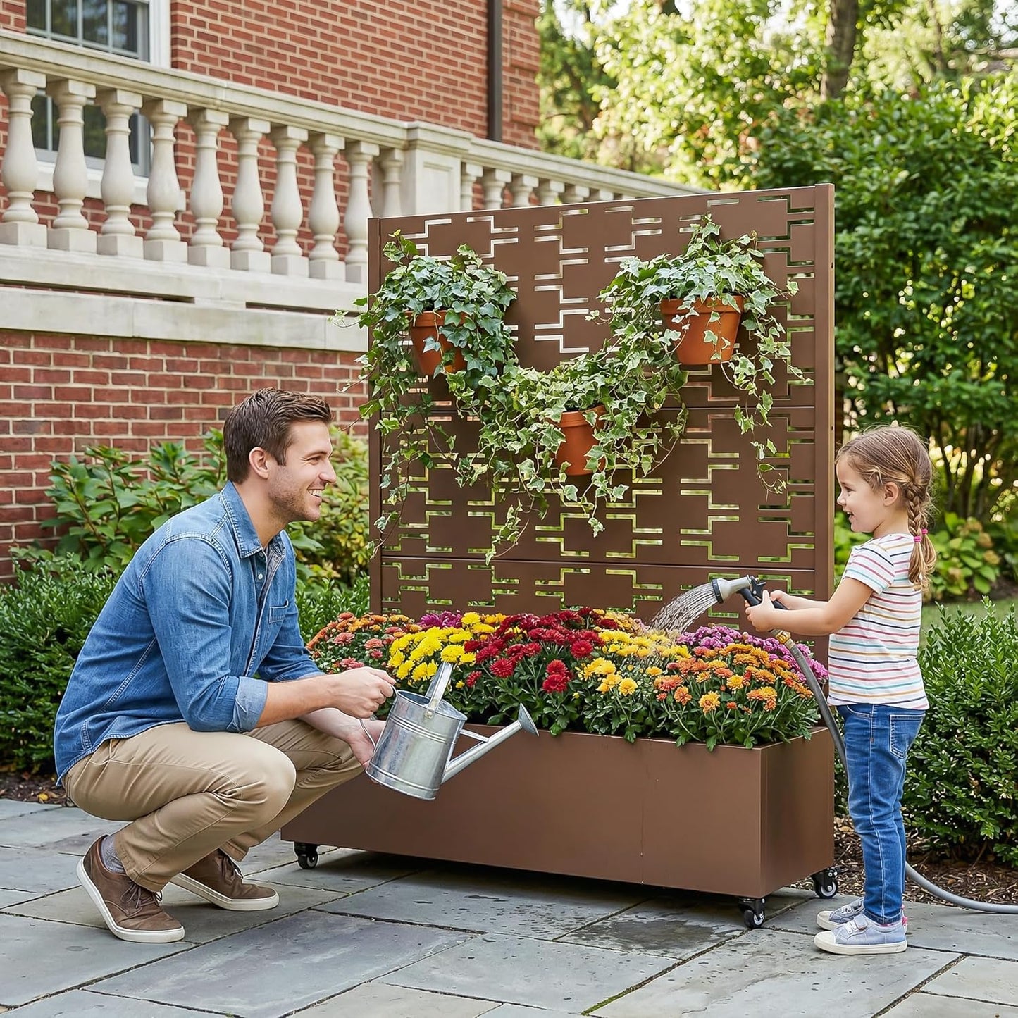 Casaphoria Metal Raised Garden Bed with Trellis and Wheels, 72"x47"x16" Planter Box for Climbing Plants, Vegetables & Vines, Features Drainage Holes and Privacy Screen (Black-Louver) - Colors A