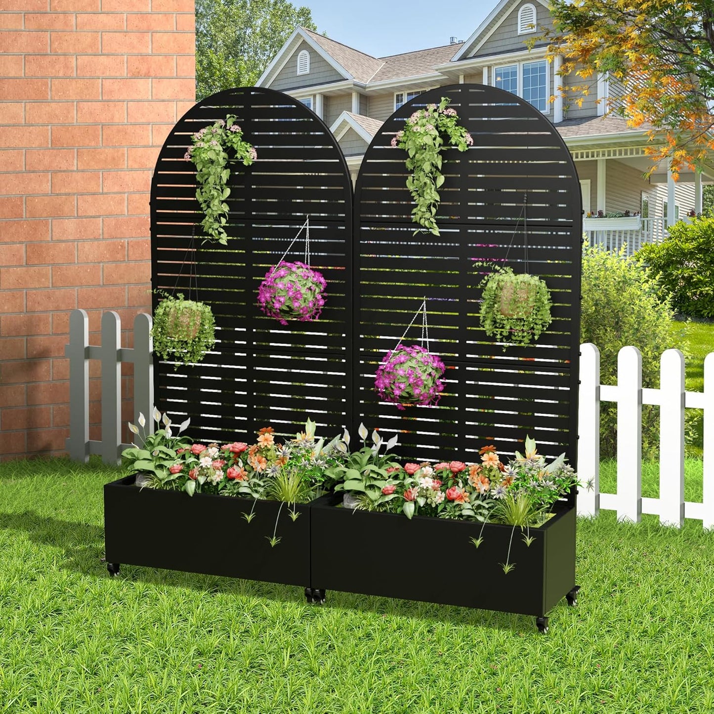 Casaphoria Metal Raised Garden Bed with Trellis and Wheels, 72"x47"x16" Planter Box for Climbing Plants, Vegetables & Vines, Features Drainage Holes and Privacy Screen (Black-Louver) - Colors A