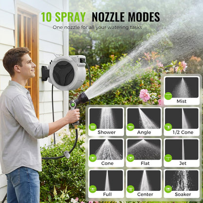 Retractable Garden Hose Reel 1/2 in x 100 ft, Heavy Duty Water Hose Reel with 10 Patterns Nozzle, Any Length Lock & Slow Rewind System, 180 Swivel Bracket Wall Mounted