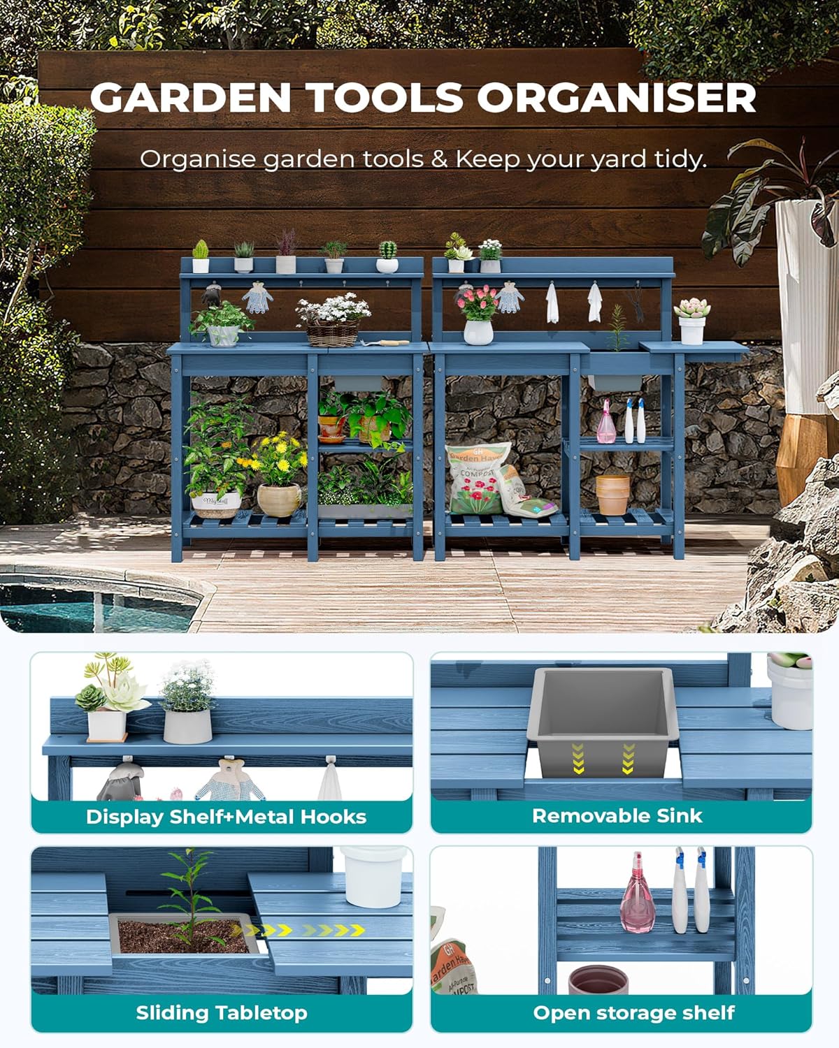 SERWALL Outdoor Potting Bench with Removeable Sink,Rot-Resistant HDPE Potting Table for Outside Gardening, All Weather Use - Gray