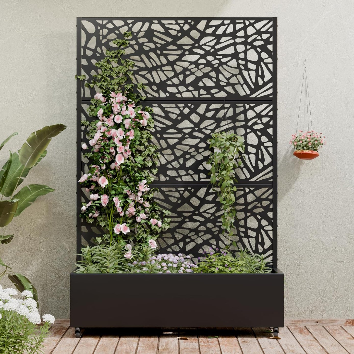 Casaphoria Metal Raised Garden Bed with Trellis and Wheels, 72"x47"x16" Planter Box for Climbing Plants, Vegetables & Vines, Features Drainage Holes and Privacy Screen (Black-Louver) - Colors B