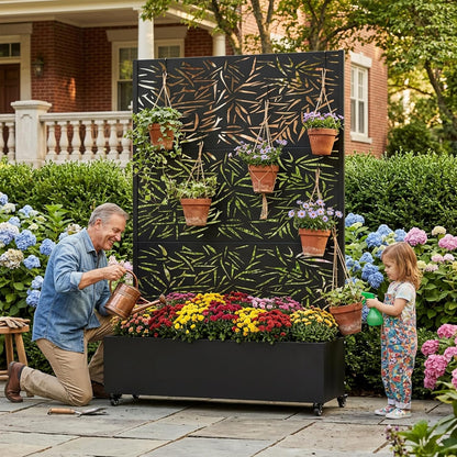 Casaphoria Metal Raised Garden Bed with Trellis and Wheels, 72"x47"x16" Planter Box for Climbing Plants, Vegetables & Vines, Features Drainage Holes and Privacy Screen (Black-Louver) - Colors A