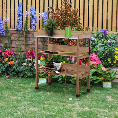 Topeakmart Potting Bench Table w/Metal Tabletop for Garden, Fir Wood Workstation w/3 Tier Shelves, Outdoor Work Bench w/Hook Natural Wood