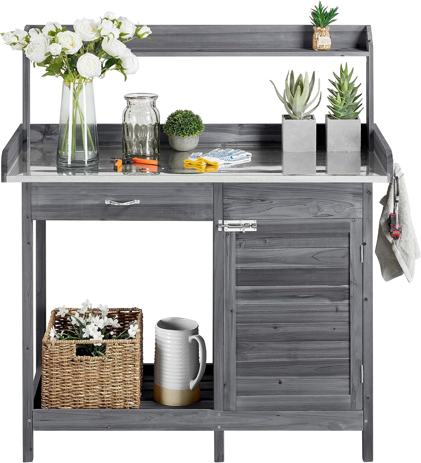 Yaheetech Outdoor Garden Potting Bench Table Work Bench Metal Tabletop W/Cabinet Drawer Open Shelf Natural Wood