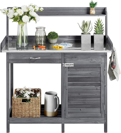 Yaheetech Outdoor Garden Potting Bench Table Work Bench Metal Tabletop W/Cabinet Drawer Open Shelf Natural Wood