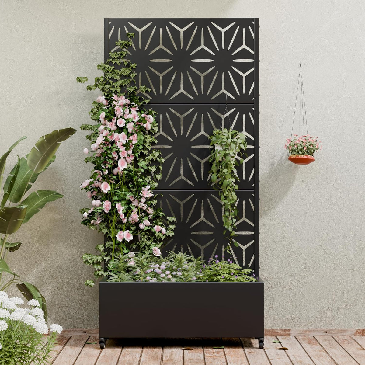 Casaphoria Metal Raised Garden Bed with Trellis and Wheels, 72"x47"x16" Planter Box for Climbing Plants, Vegetables & Vines, Features Drainage Holes and Privacy Screen (Black-Louver) - Colors A