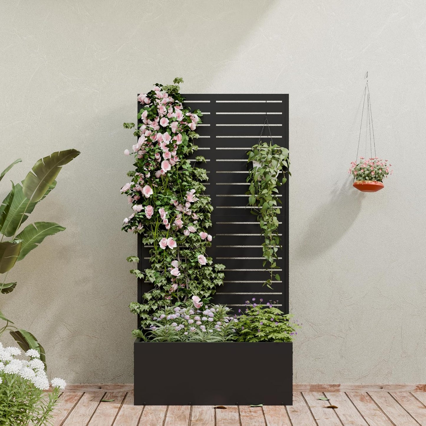 Casaphoria Metal Raised Garden Bed with Trellis and Wheels, 72"x47"x16" Planter Box for Climbing Plants, Vegetables & Vines, Features Drainage Holes and Privacy Screen (Black-Louver) - Colors D