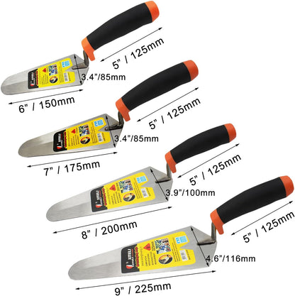 4-Pack Gauging Trowel Set, 6" & 7" & 8" & 9" Gauging Trowel Set Pointing Trowel Set with Soft Grip,Masonry Hand Tool for Brickwork, Blockwork, Stonework, Masonry ﻿ (Rounded End)