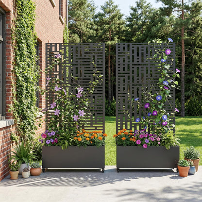 Casaphoria Metal Raised Garden Bed with Trellis and Wheels, 72"x47"x16" Planter Box for Climbing Plants, Vegetables & Vines, Features Drainage Holes and Privacy Screen (Black-Louver) - Colors C