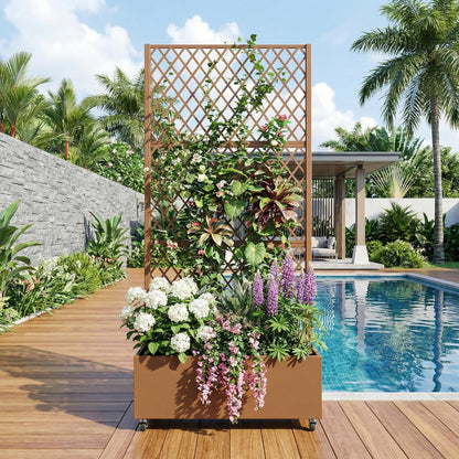 Casaphoria Metal Raised Garden Bed with Trellis and Wheels, 72"x47"x16" Planter Box for Climbing Plants, Vegetables & Vines, Features Drainage Holes and Privacy Screen (Black-Louver) - Colors A