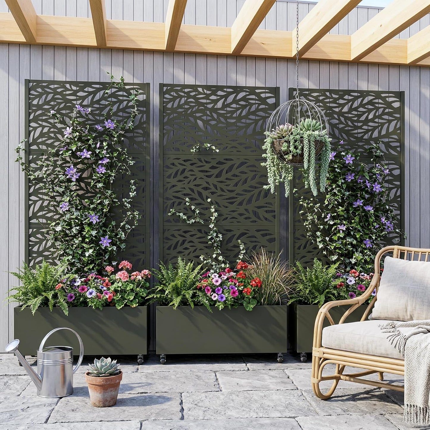 Casaphoria Metal Raised Garden Bed with Trellis and Wheels, 72"x47"x16" Planter Box for Climbing Plants, Vegetables & Vines, Features Drainage Holes and Privacy Screen (Black-Louver) - Colors D
