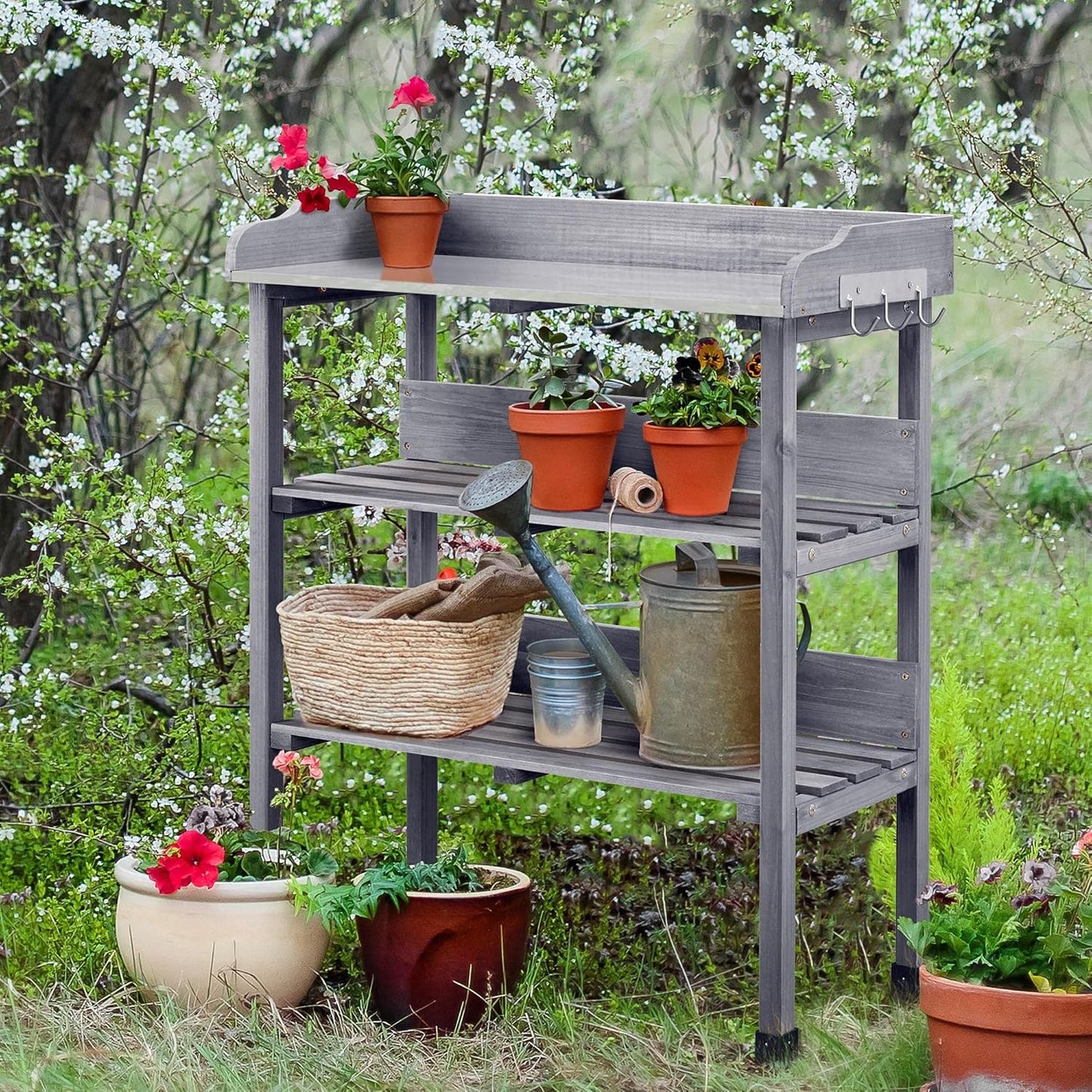 Topeakmart Potting Bench Table w/Metal Tabletop for Garden, Fir Wood Workstation w/3 Tier Shelves, Outdoor Work Bench w/Hook Natural Wood