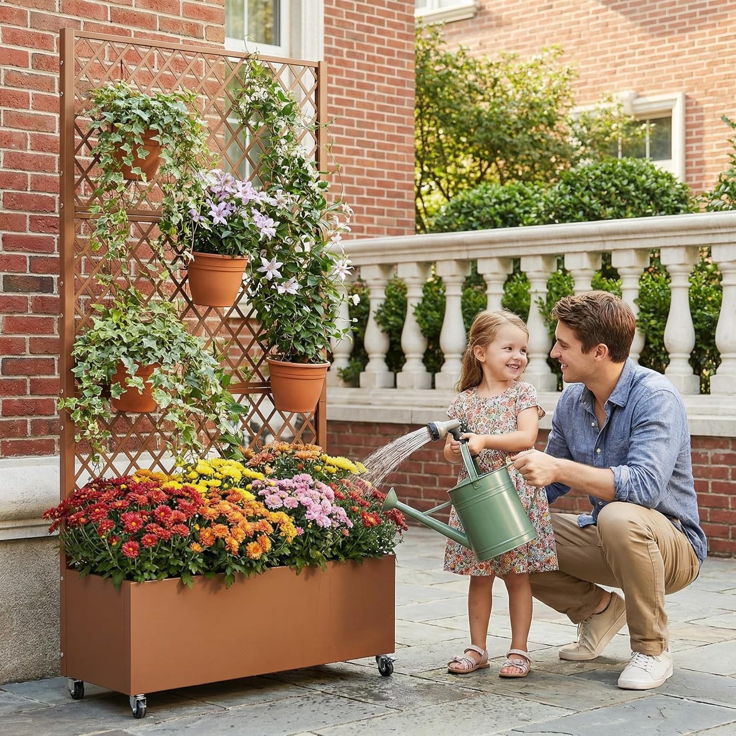 Casaphoria Metal Raised Garden Bed with Trellis and Wheels, 72"x47"x16" Planter Box for Climbing Plants, Vegetables & Vines, Features Drainage Holes and Privacy Screen (Black-Louver) - Colors A