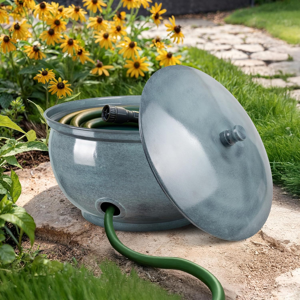 Monarch Abode Garden Hose Holder with Lid – Decorative Water Hose Holders for Outside, Smooth Metal Antique Copper Pot with Drainage, 100ft Waterhose Holder for Outside, Garden Storage Caddy