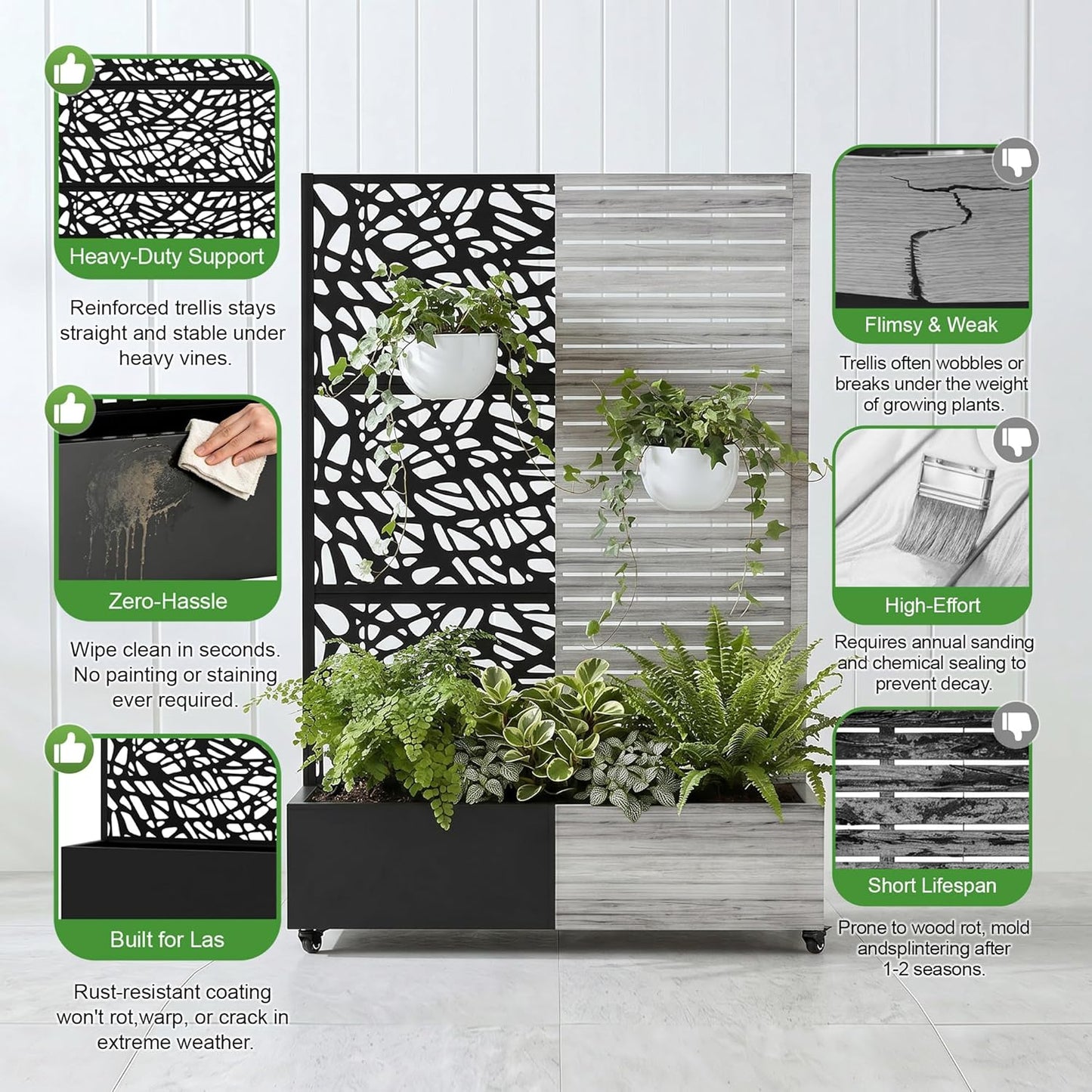 Casaphoria Metal Raised Garden Bed with Trellis and Wheels, 72"x47"x16" Planter Box for Climbing Plants, Vegetables & Vines, Features Drainage Holes and Privacy Screen (Black-Louver) - Colors B