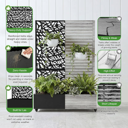 Casaphoria Metal Raised Garden Bed with Trellis and Wheels, 72"x47"x16" Planter Box for Climbing Plants, Vegetables & Vines, Features Drainage Holes and Privacy Screen (Black-Louver) - Colors B
