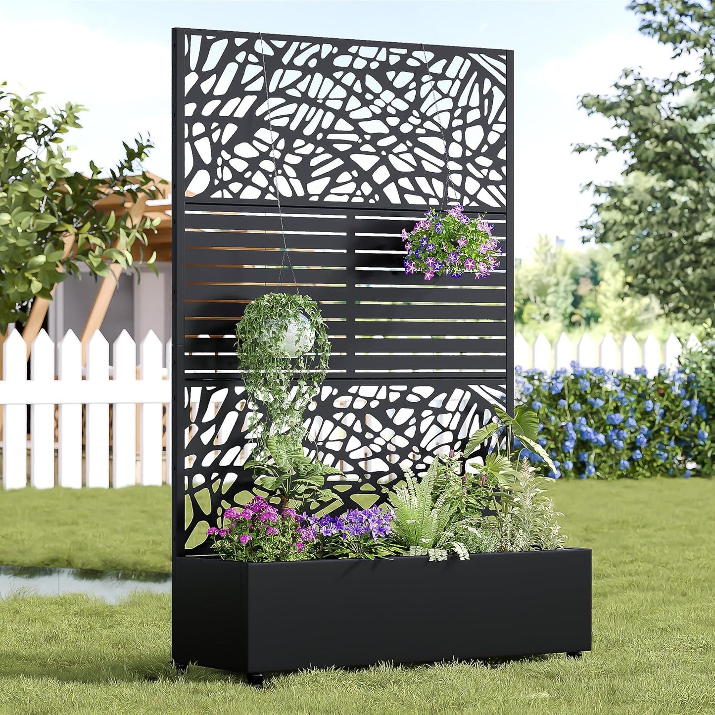 Casaphoria Metal Raised Garden Bed with Trellis and Wheels, 72"x47"x16" Planter Box for Climbing Plants, Vegetables & Vines, Features Drainage Holes and Privacy Screen (Black-Louver) - Colors A