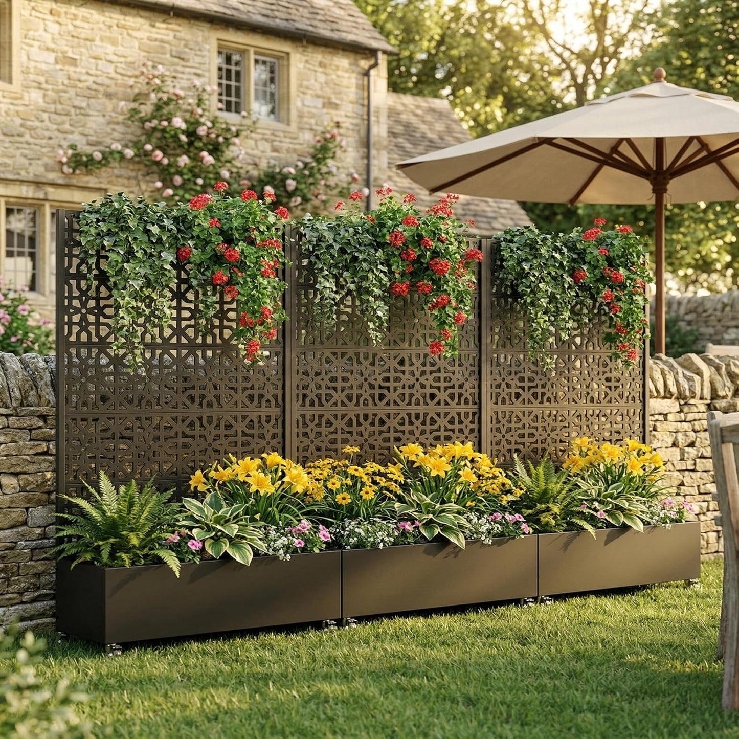 Casaphoria Metal Raised Garden Bed with Trellis and Wheels, 72"x47"x16" Planter Box for Climbing Plants, Vegetables & Vines, Features Drainage Holes and Privacy Screen (Black-Louver) - Colors B