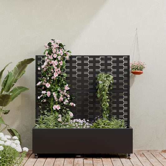 Casaphoria Metal Raised Garden Bed with Trellis and Wheels, 72"x47"x16" Planter Box for Climbing Plants, Vegetables & Vines, Features Drainage Holes and Privacy Screen (Black-Louver) - Colors B