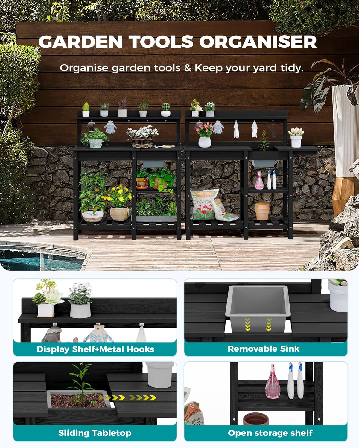 SERWALL Outdoor Potting Bench with Removeable Sink,Rot-Resistant HDPE Potting Table for Outside Gardening, All Weather Use - Gray