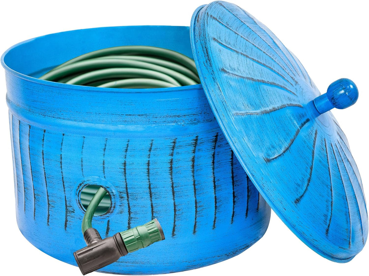 Sunnydaze Metal Garden Hose Pot for Outside with Lid - UV-Resistant 145-Foot Outdoor Hose Holder - Blue Patina Finish