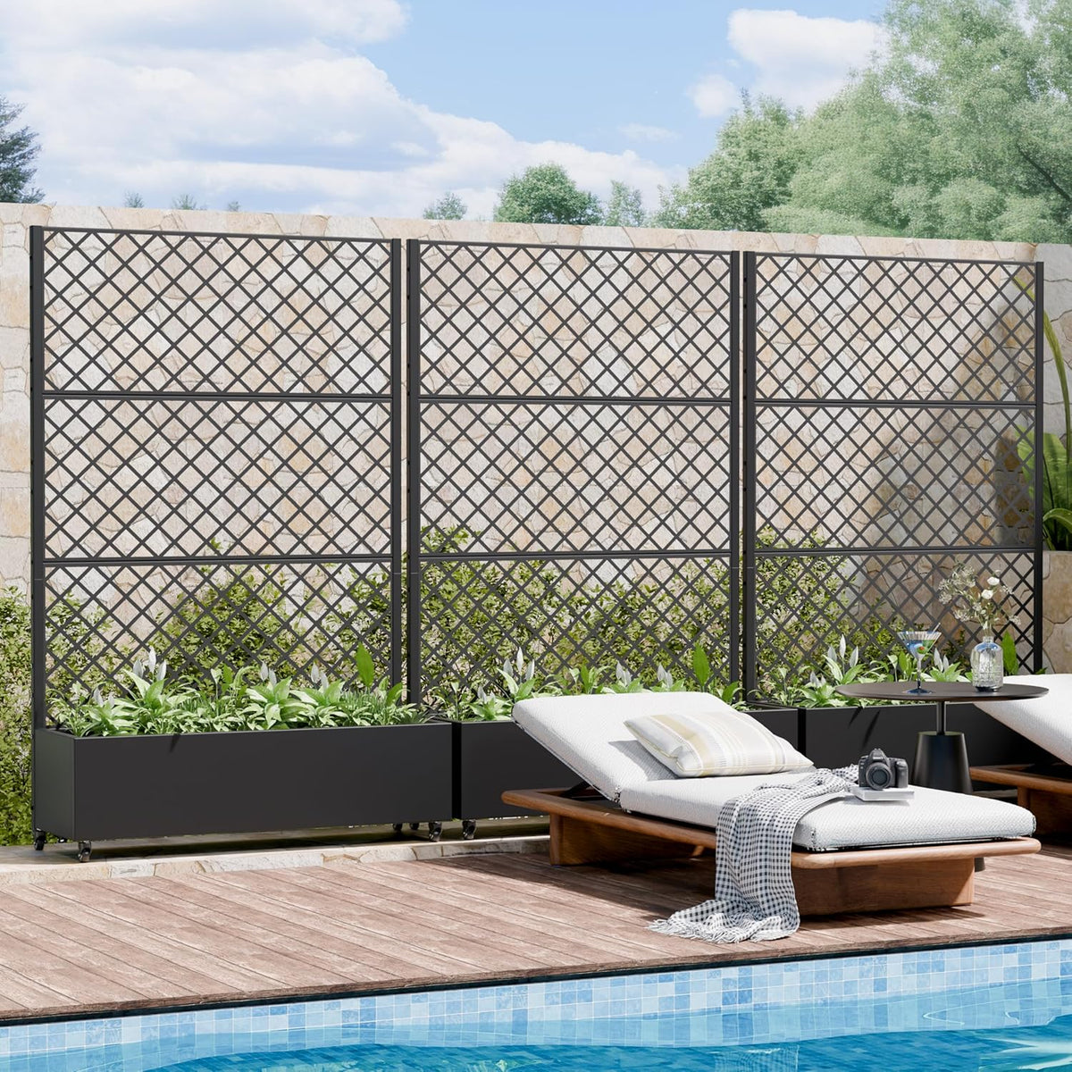 Casaphoria Metal Raised Garden Bed with Trellis and Wheels, 72"x47"x16" Planter Box for Climbing Plants, Vegetables & Vines, Features Drainage Holes and Privacy Screen (Black-Louver) - Colors D