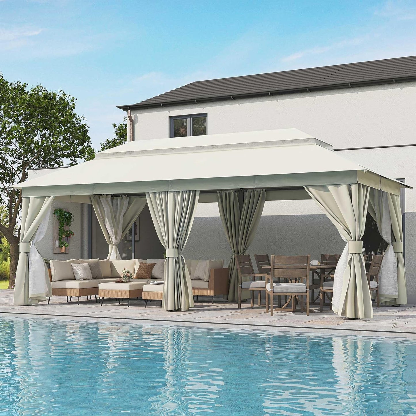 10x20 Gazebo Canopy with 100FT String Lights, Metal Heavy Duty Patio Canopy Tent with Double Roofs, Mosquito Nettings and Privacy Screens for Backyard, Garden, Lawn, Gray