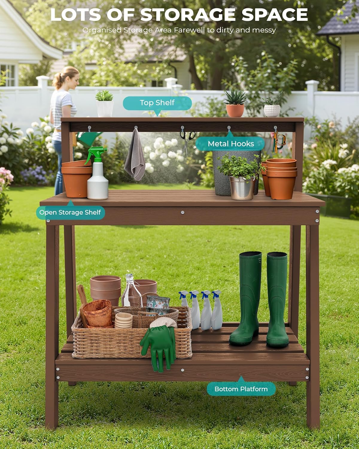 SERWALL Outdoor Potting Bench with Removeable Sink,Rot-Resistant HDPE Potting Table for Outside Gardening, All Weather Use - Gray