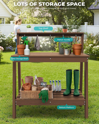 SERWALL Outdoor Potting Bench with Removeable Sink,Rot-Resistant HDPE Potting Table for Outside Gardening, All Weather Use - Gray