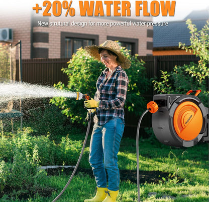 5/8" × 110 ft Retractable Hose Reel, Heavy Duty Retractable Garden Hose Reel Wall Mounted with 10-Pattern Hose Nozzle/Any Length Lock/Slow Return System/180°Swivel Bracket