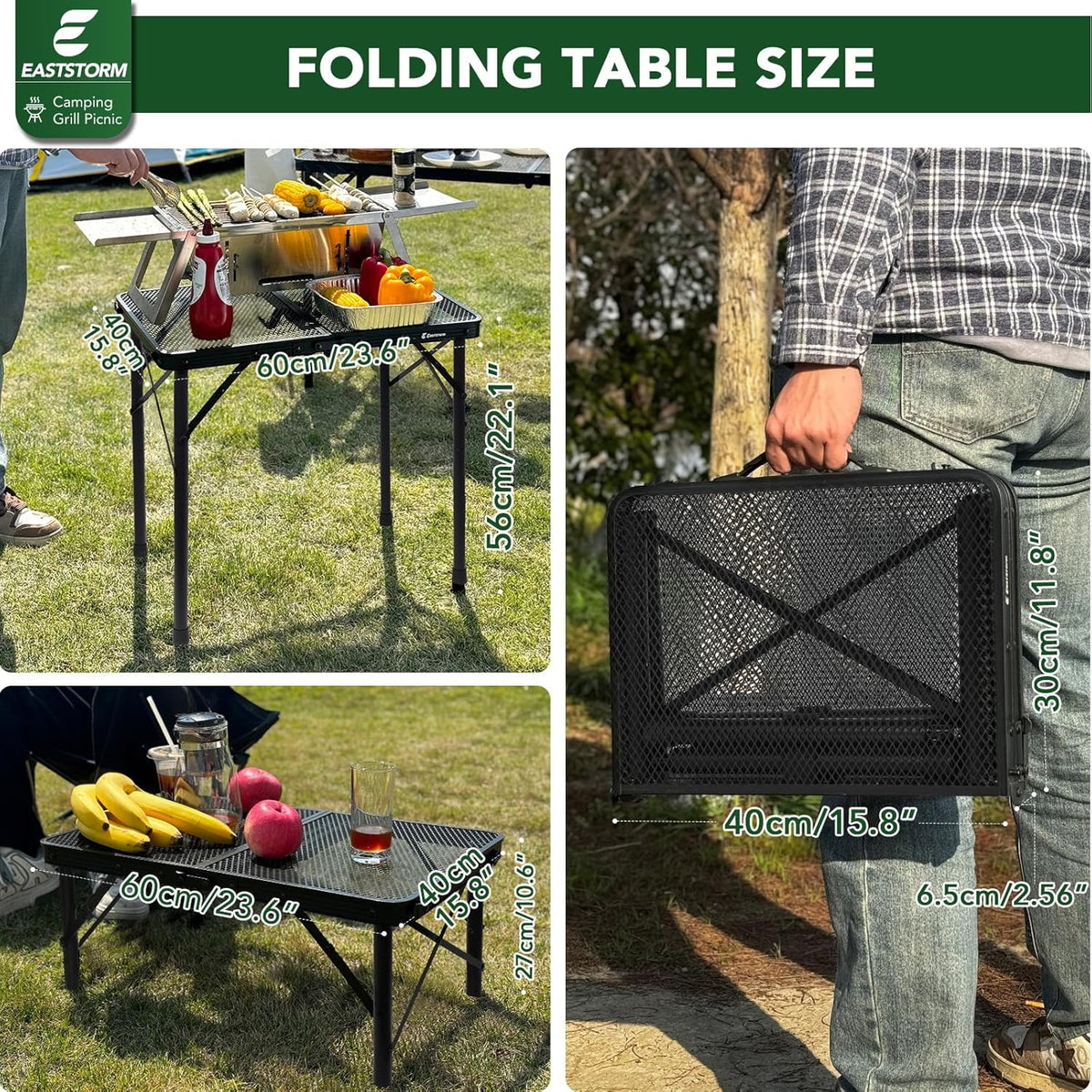 2Ft Small Folding Table with Carry Handle, Camping Table Adjustable Height 10.6–22 in, Black Metal Mesh, Portable & Compact for Outdoor/Indoor,Grill Table, 23.6×15.8 in, 4 lb, 66 lb Capacity